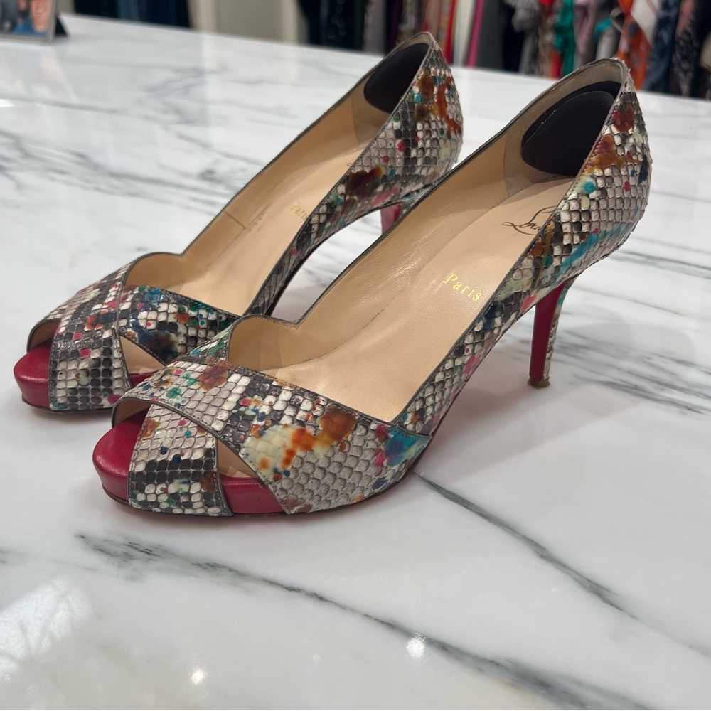 Christian Louboutin Multicolor Snakeskin Peep-Toe Pumps with Red Soles